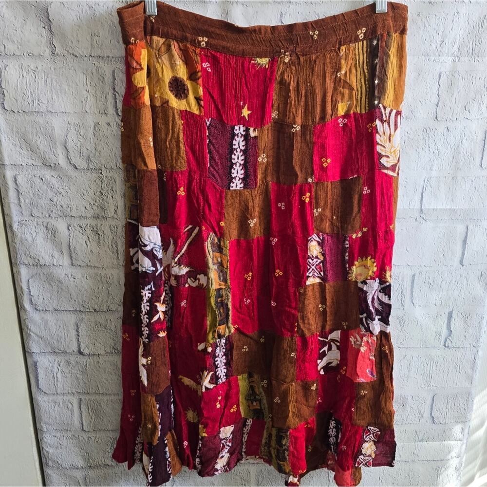 Boho Chic Patchwork Cottage Style Brown And Pink Maxi Skirt - Picture 3 of 12